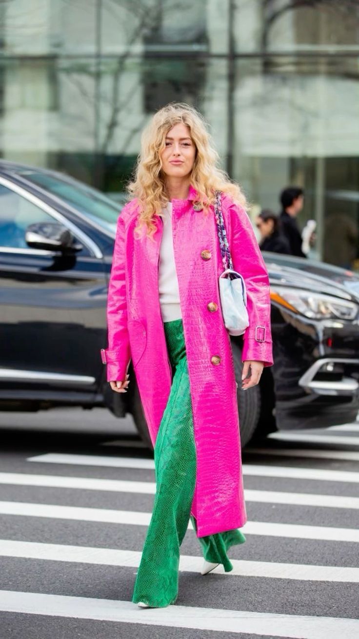 Green Pants with Pink Trench Coat